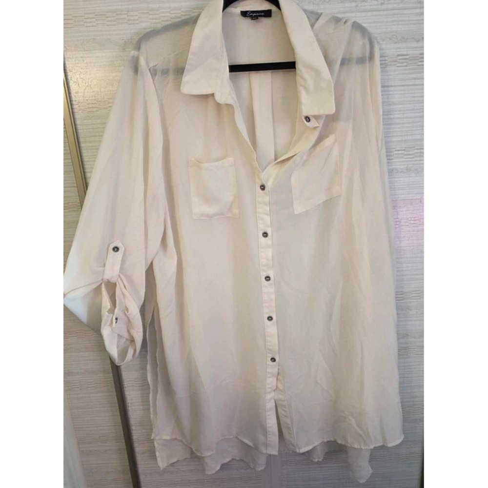 Emperice Sheer Button Down Shirt Cream Off White Side Slits Plus Size 3X